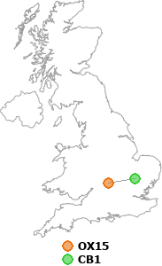 map showing distance between OX15 and CB1