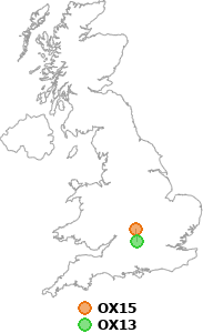 map showing distance between OX15 and OX13