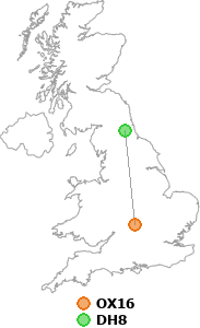 map showing distance between OX16 and DH8