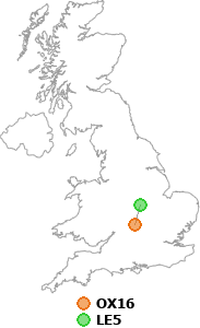 map showing distance between OX16 and LE5