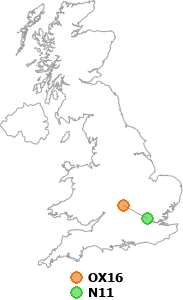 map showing distance between OX16 and N11