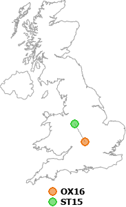 map showing distance between OX16 and ST15
