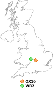 map showing distance between OX16 and WR2