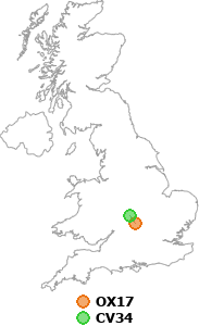 map showing distance between OX17 and CV34