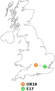 map showing distance between OX18 and E17