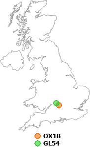 map showing distance between OX18 and GL54