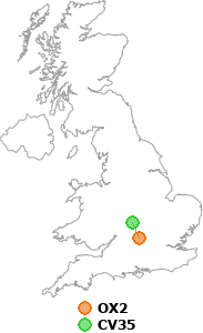 map showing distance between OX2 and CV35