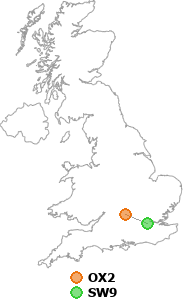 map showing distance between OX2 and SW9