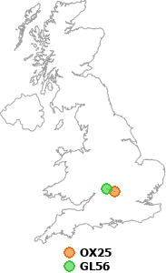 map showing distance between OX25 and GL56