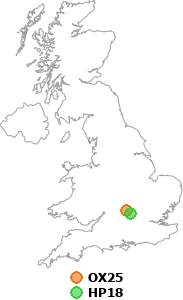 map showing distance between OX25 and HP18
