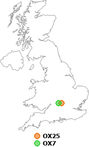 map showing distance between OX25 and OX7