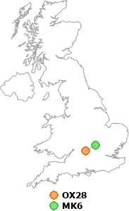 map showing distance between OX28 and MK6