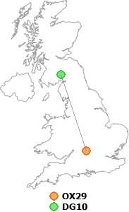 map showing distance between OX29 and DG10