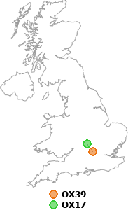 map showing distance between OX39 and OX17