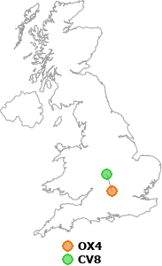 map showing distance between OX4 and CV8