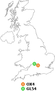 map showing distance between OX4 and GL54