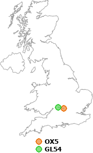 map showing distance between OX5 and GL54