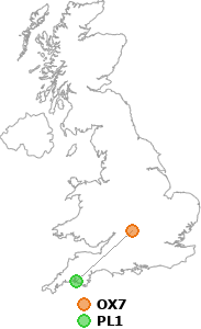 map showing distance between OX7 and PL1