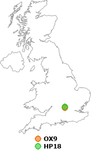 map showing distance between OX9 and HP18