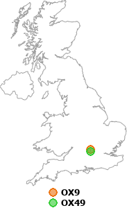 map showing distance between OX9 and OX49