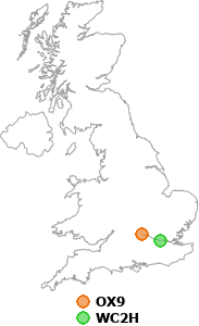 map showing distance between OX9 and WC2H