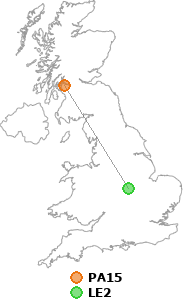 map showing distance between PA15 and LE2