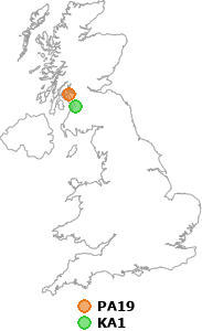 map showing distance between PA19 and KA1
