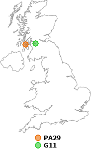 map showing distance between PA29 and G11