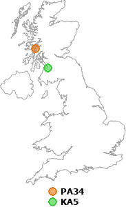 map showing distance between PA34 and KA5