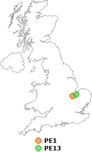 map showing distance between PE1 and PE13