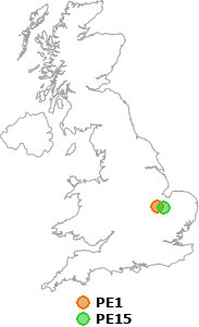 map showing distance between PE1 and PE15