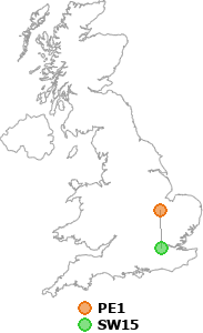 map showing distance between PE1 and SW15