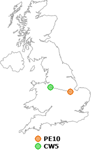 map showing distance between PE10 and CW5