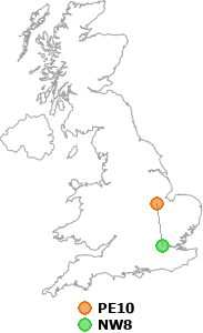 map showing distance between PE10 and NW8