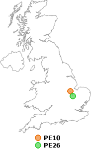 map showing distance between PE10 and PE26
