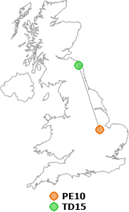 map showing distance between PE10 and TD15