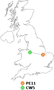 map showing distance between PE11 and CW5