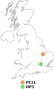 map showing distance between PE11 and HP5