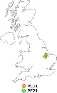 map showing distance between PE11 and PE21