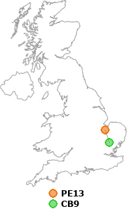map showing distance between PE13 and CB9