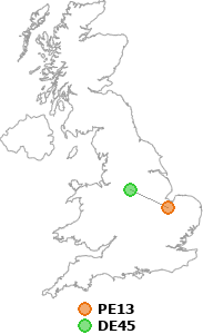 map showing distance between PE13 and DE45
