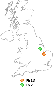 map showing distance between PE13 and LN2