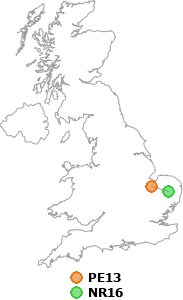 map showing distance between PE13 and NR16