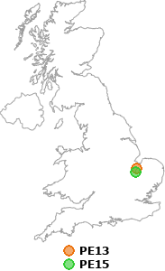 map showing distance between PE13 and PE15