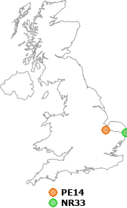 map showing distance between PE14 and NR33