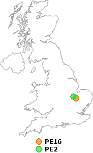 map showing distance between PE16 and PE2