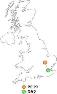 map showing distance between PE19 and DA2