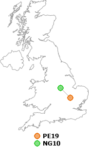 map showing distance between PE19 and NG10