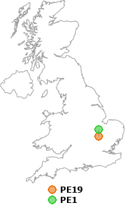 map showing distance between PE19 and PE1