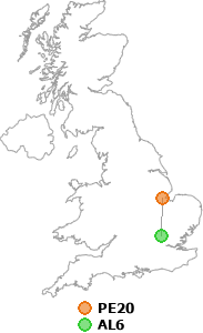 map showing distance between PE20 and AL6